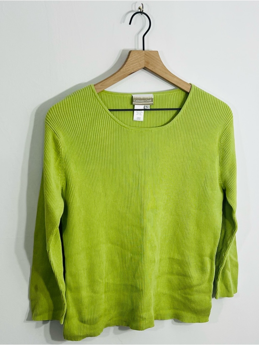 Coldwater Creek Silk Cotton Beautfiful Lime Green Ribbed Knit Pullover Sweater L